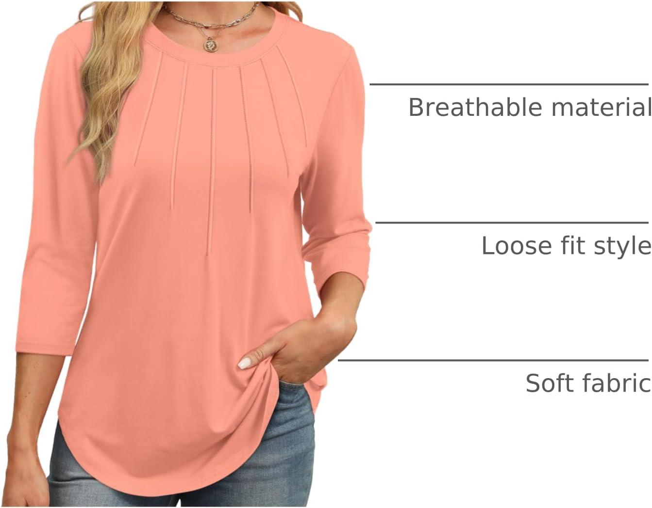 imageXIEERDUO 34 Length Sleeve Womens Tops Round Neck Casual Tunic Tops Basic Pleated Shirts Loose Fit 2025Coral