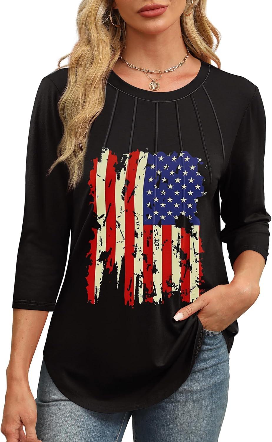 imageXIEERDUO 34 Length Sleeve Womens Tops Round Neck Casual Tunic Tops Basic Pleated Shirts Loose Fit 2025Flagblack