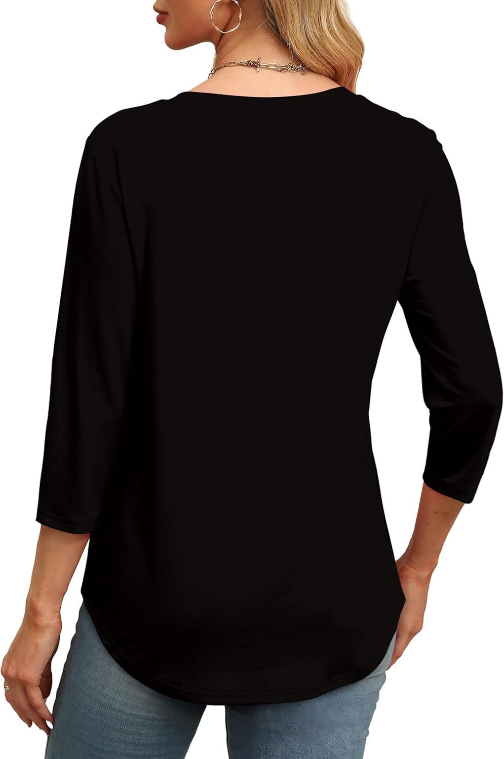 imageXIEERDUO 34 Length Sleeve Womens Tops Round Neck Casual Tunic Tops Basic Pleated Shirts Loose Fit 2025Flagblack