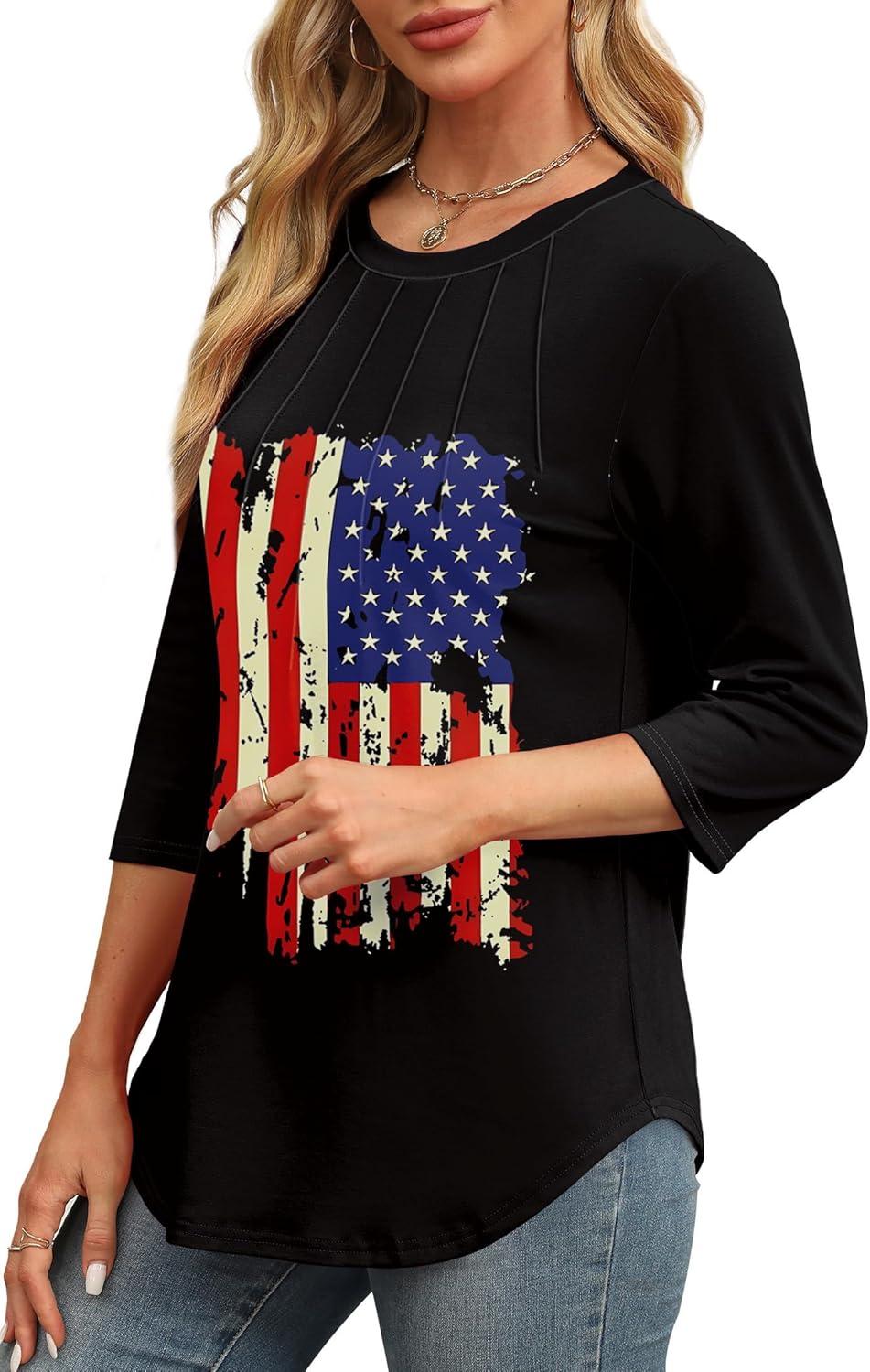 imageXIEERDUO 34 Length Sleeve Womens Tops Round Neck Casual Tunic Tops Basic Pleated Shirts Loose Fit 2025Flagblack