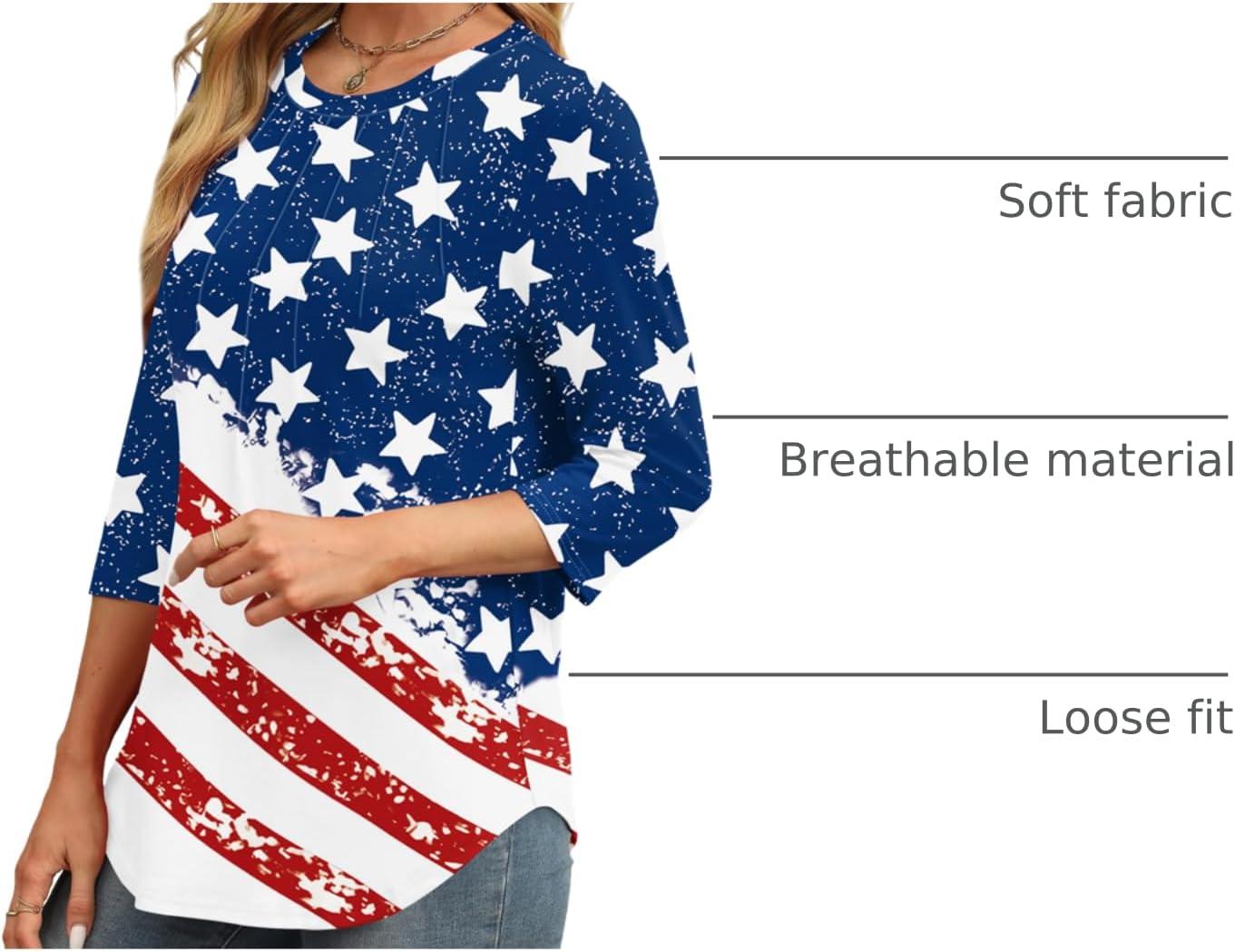 imageXIEERDUO 34 Length Sleeve Womens Tops Round Neck Casual Tunic Tops Basic Pleated Shirts Loose Fit 2025Flagwhite