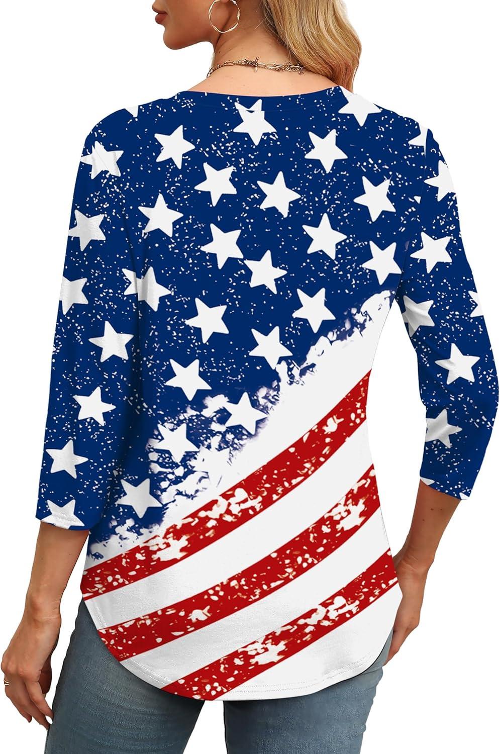 imageXIEERDUO 34 Length Sleeve Womens Tops Round Neck Casual Tunic Tops Basic Pleated Shirts Loose Fit 2025Flagwhite