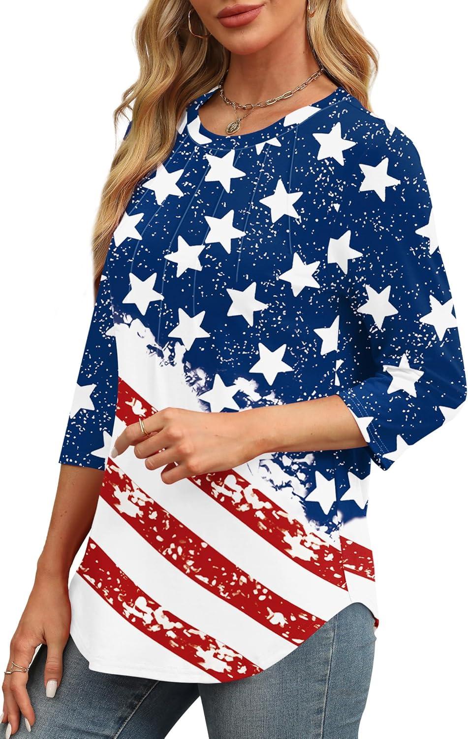 imageXIEERDUO 34 Length Sleeve Womens Tops Round Neck Casual Tunic Tops Basic Pleated Shirts Loose Fit 2025Flagwhite