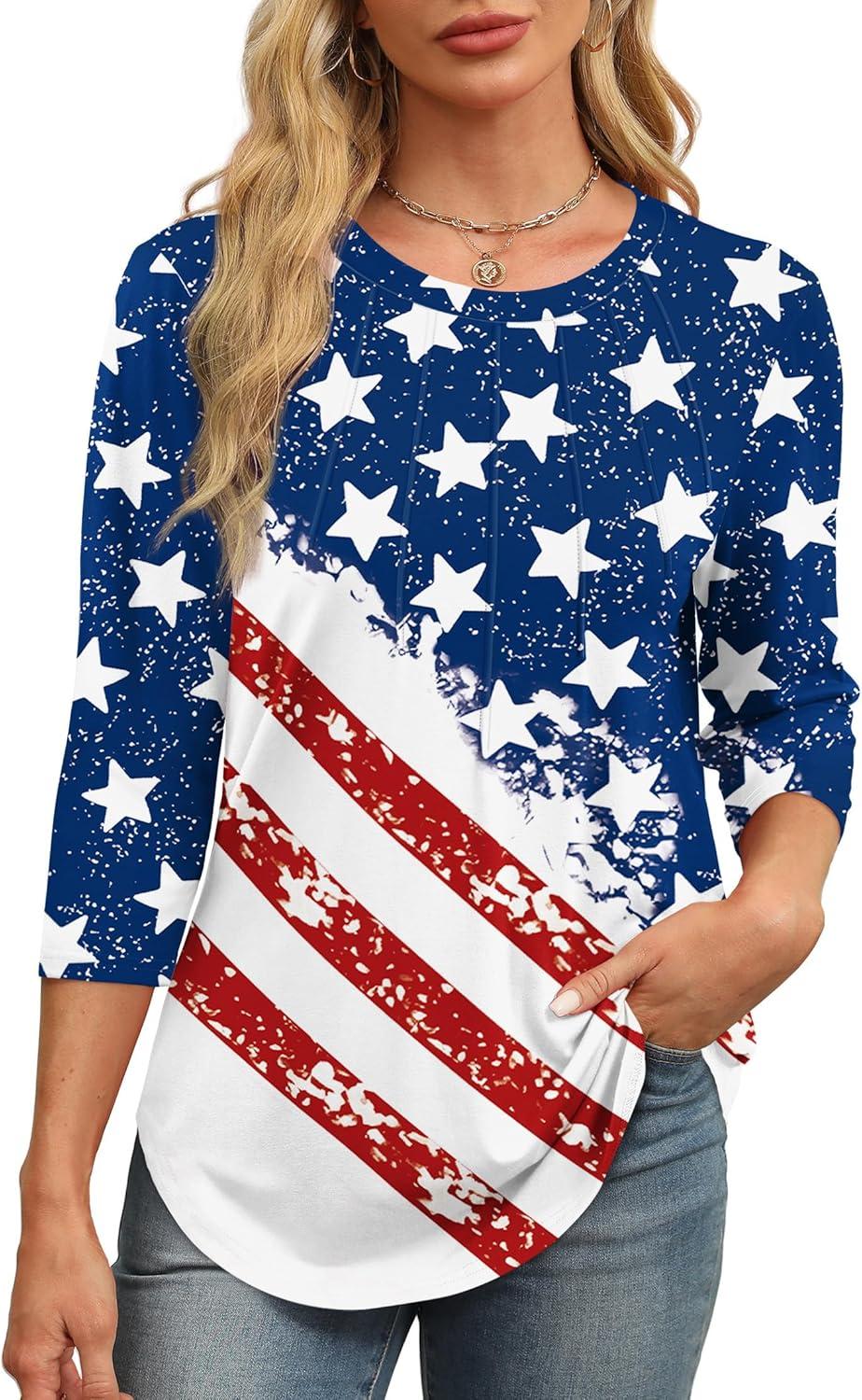 imageXIEERDUO 34 Length Sleeve Womens Tops Round Neck Casual Tunic Tops Basic Pleated Shirts Loose Fit 2025Flagwhite