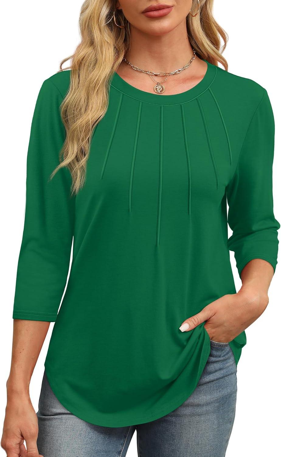 imageXIEERDUO 34 Length Sleeve Womens Tops Round Neck Casual Tunic Tops Basic Pleated Shirts Loose Fit 2025Green
