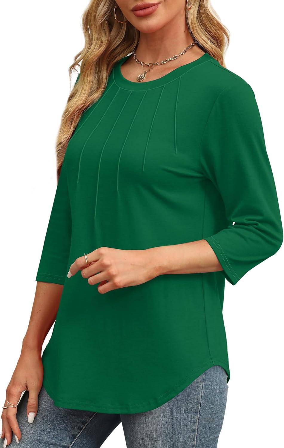 imageXIEERDUO 34 Length Sleeve Womens Tops Round Neck Casual Tunic Tops Basic Pleated Shirts Loose Fit 2025Green