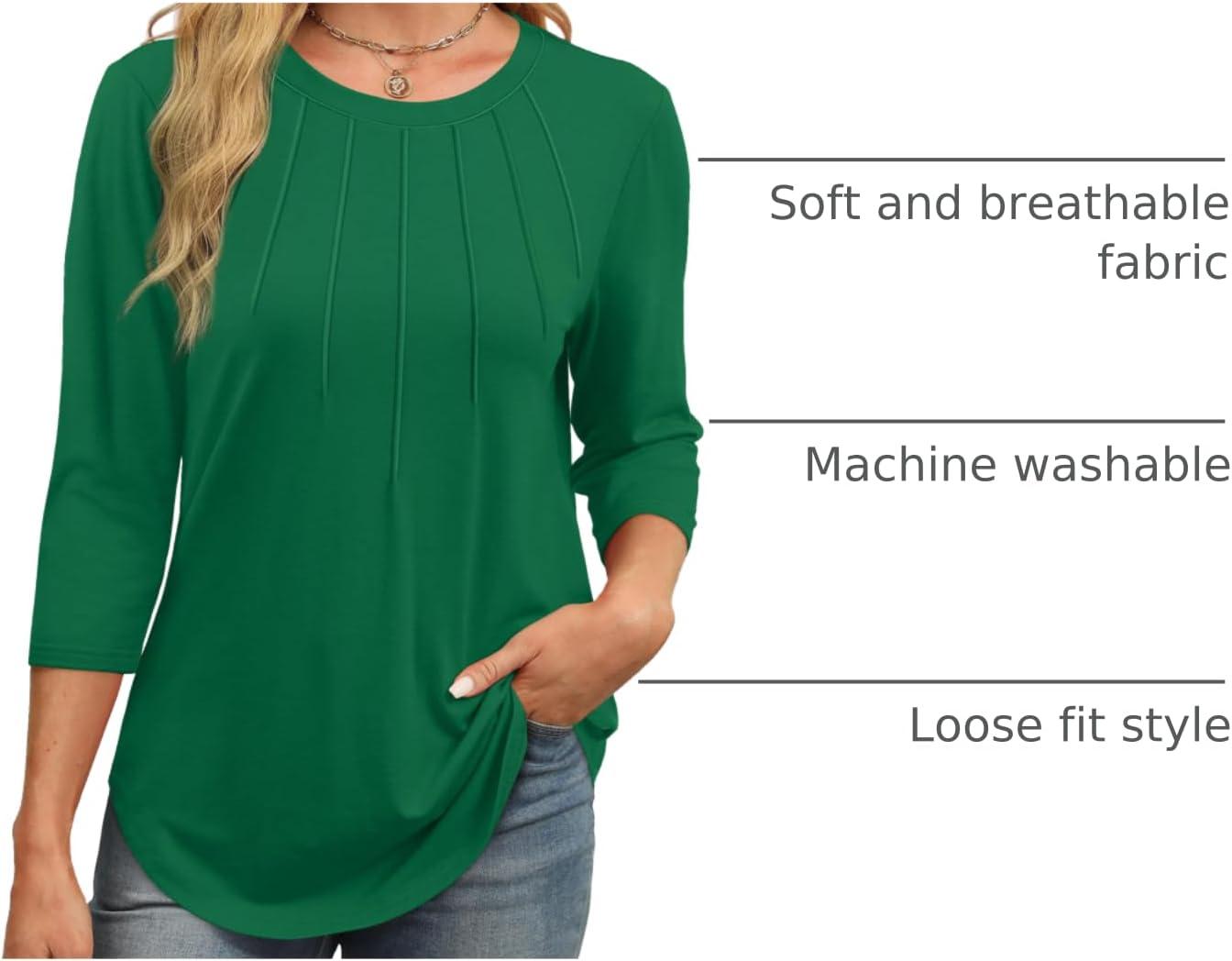imageXIEERDUO 34 Length Sleeve Womens Tops Round Neck Casual Tunic Tops Basic Pleated Shirts Loose Fit 2025Green