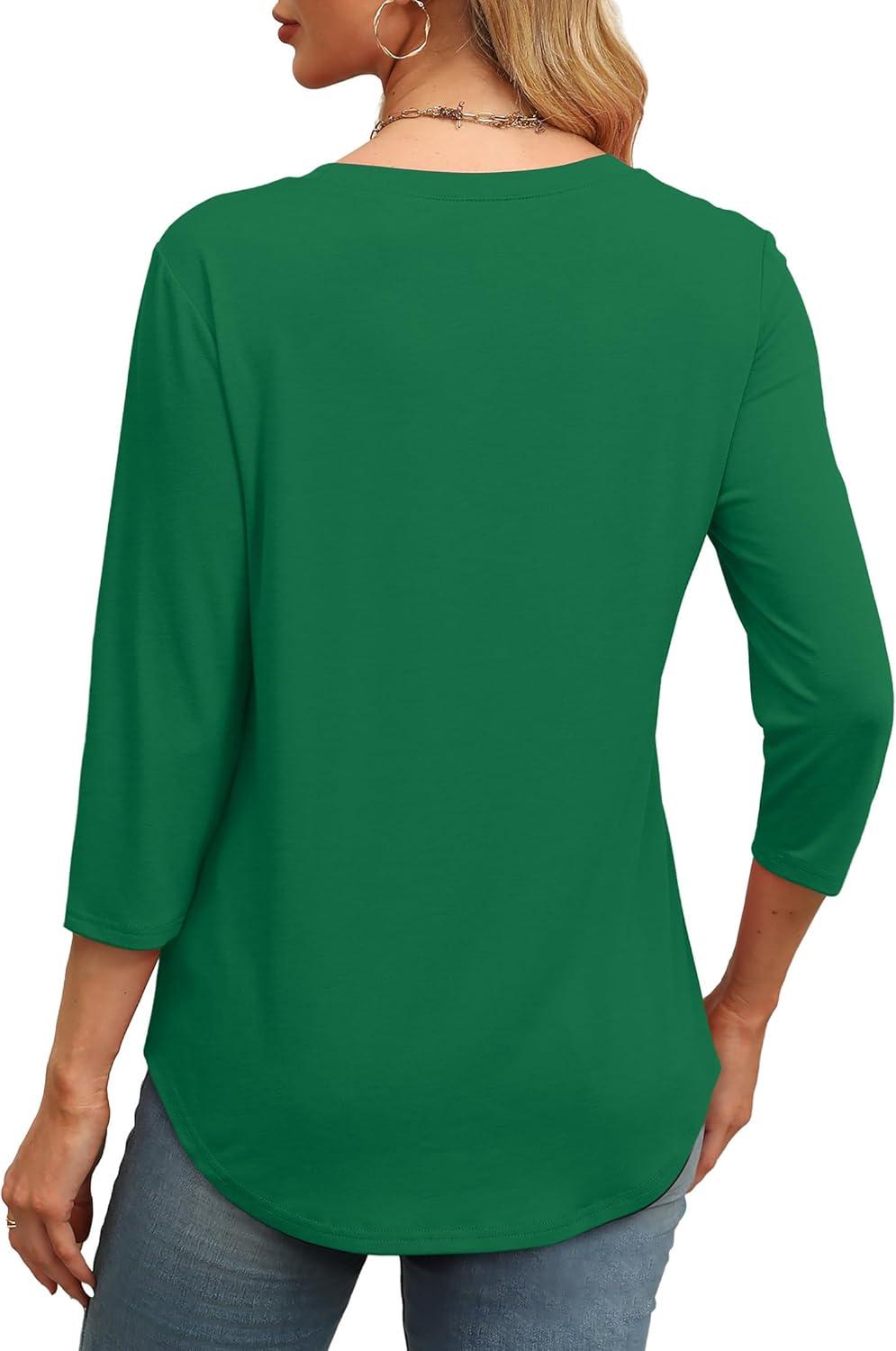 imageXIEERDUO 34 Length Sleeve Womens Tops Round Neck Casual Tunic Tops Basic Pleated Shirts Loose Fit 2025Green