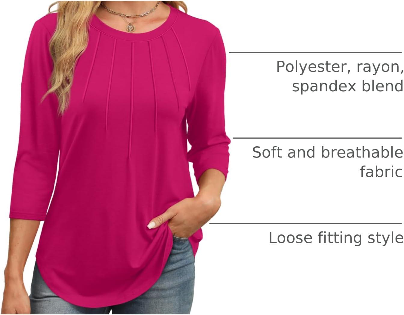 imageXIEERDUO 34 Length Sleeve Womens Tops Round Neck Casual Tunic Tops Basic Pleated Shirts Loose Fit 2025Hot Pink