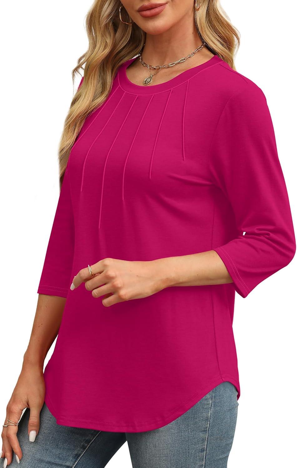 imageXIEERDUO 34 Length Sleeve Womens Tops Round Neck Casual Tunic Tops Basic Pleated Shirts Loose Fit 2025Hot Pink