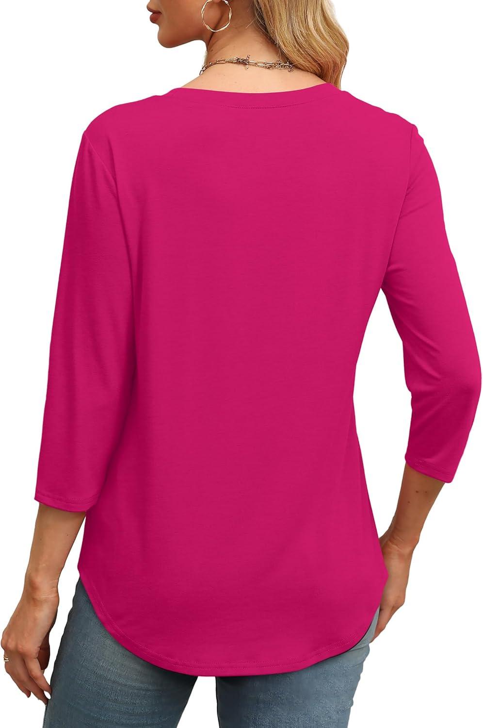 imageXIEERDUO 34 Length Sleeve Womens Tops Round Neck Casual Tunic Tops Basic Pleated Shirts Loose Fit 2025Hot Pink