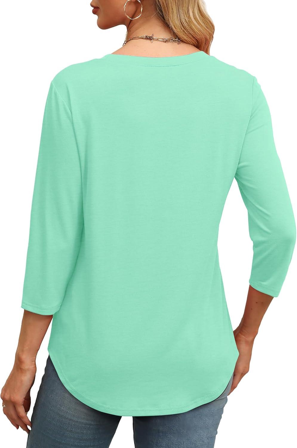 imageXIEERDUO 34 Length Sleeve Womens Tops Round Neck Casual Tunic Tops Basic Pleated Shirts Loose Fit 2025Lake Green