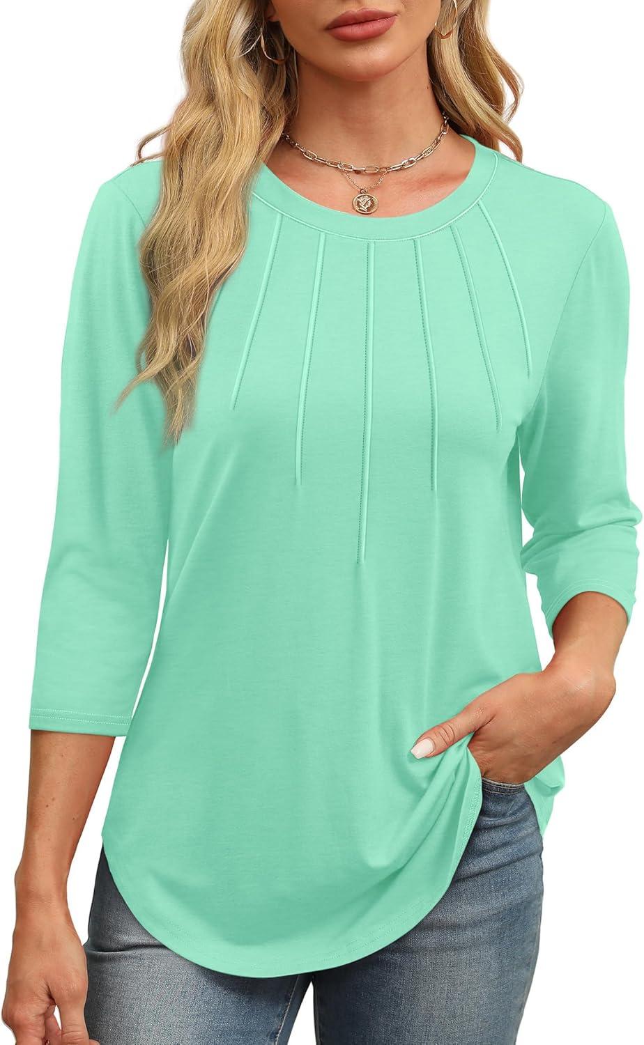 imageXIEERDUO 34 Length Sleeve Womens Tops Round Neck Casual Tunic Tops Basic Pleated Shirts Loose Fit 2025Lake Green