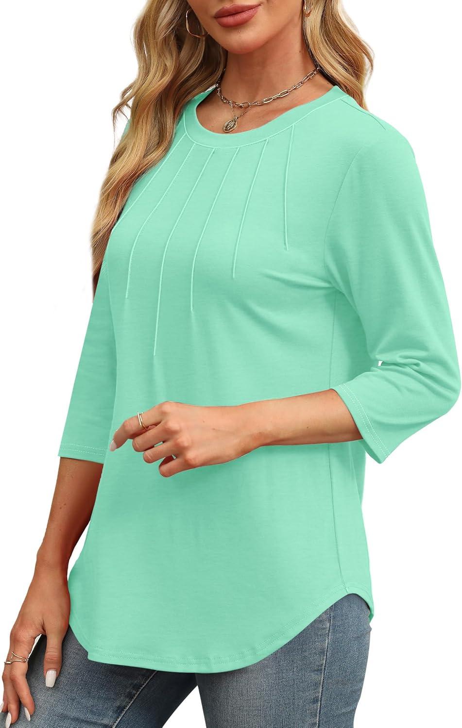 imageXIEERDUO 34 Length Sleeve Womens Tops Round Neck Casual Tunic Tops Basic Pleated Shirts Loose Fit 2025Lake Green