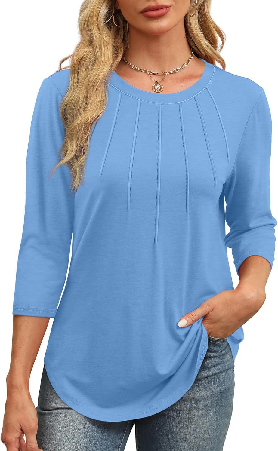 imageXIEERDUO 34 Length Sleeve Womens Tops Round Neck Casual Tunic Tops Basic Pleated Shirts Loose Fit 2025Light Blue