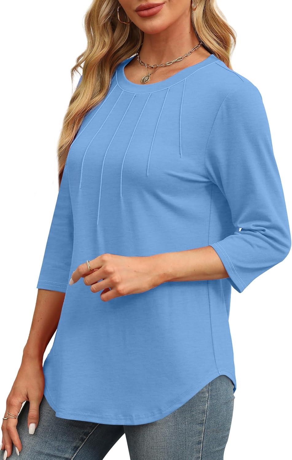 imageXIEERDUO 34 Length Sleeve Womens Tops Round Neck Casual Tunic Tops Basic Pleated Shirts Loose Fit 2025Light Blue