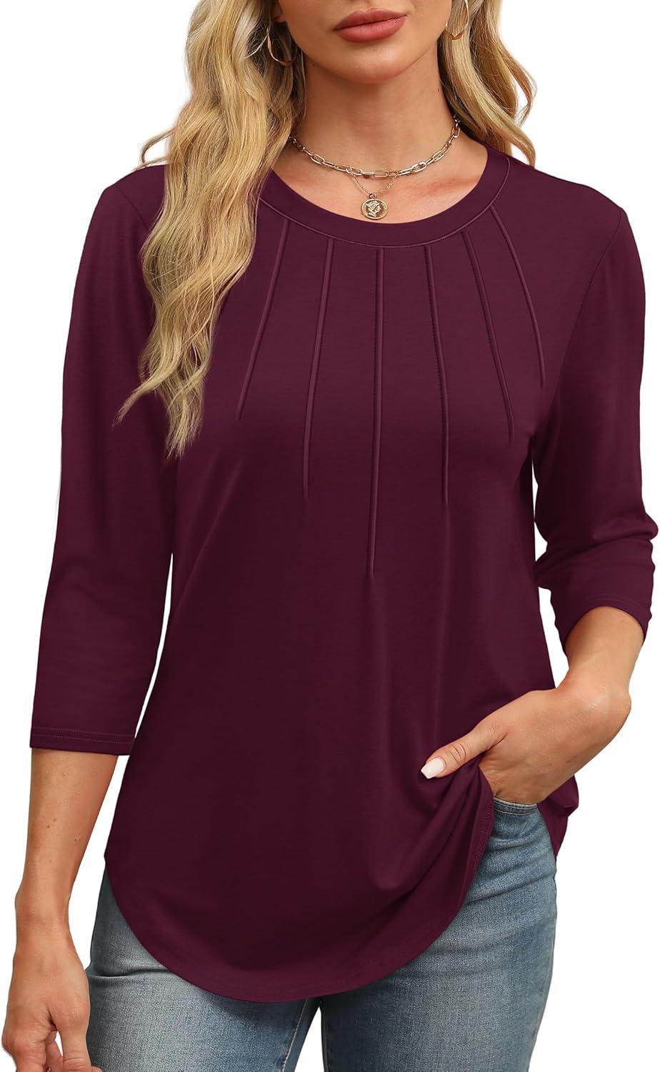 imageXIEERDUO 34 Length Sleeve Womens Tops Round Neck Casual Tunic Tops Basic Pleated Shirts Loose Fit 2025Newburgundy