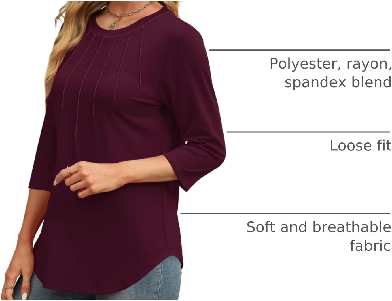 imageXIEERDUO 34 Length Sleeve Womens Tops Round Neck Casual Tunic Tops Basic Pleated Shirts Loose Fit 2025Newburgundy