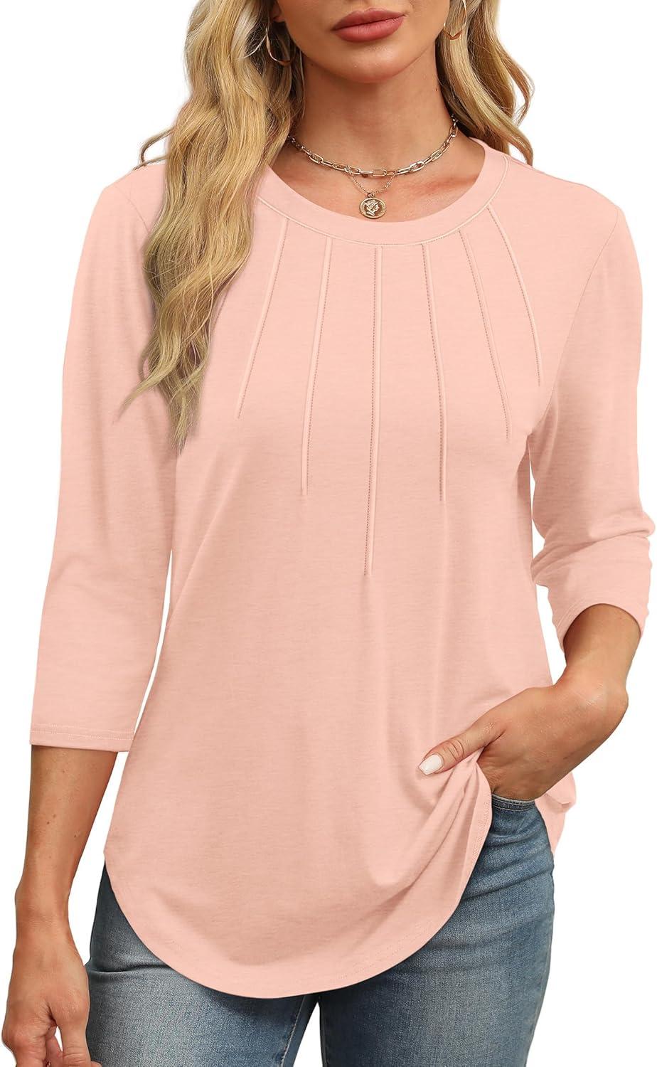 imageXIEERDUO 34 Length Sleeve Womens Tops Round Neck Casual Tunic Tops Basic Pleated Shirts Loose Fit 2025Newlight Pink