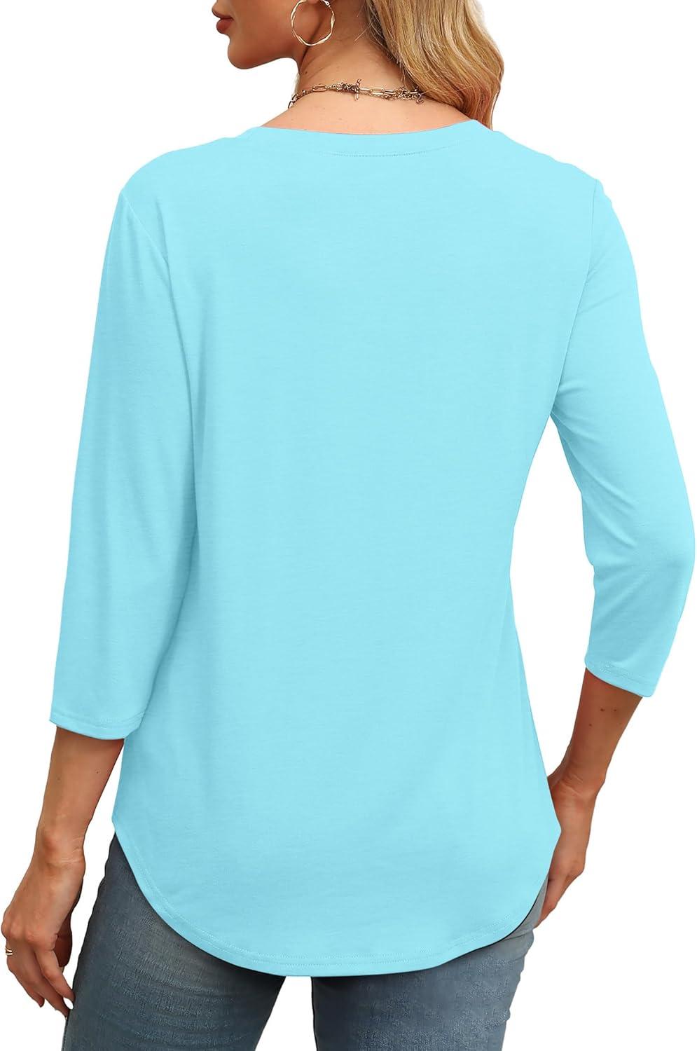 imageXIEERDUO 34 Length Sleeve Womens Tops Round Neck Casual Tunic Tops Basic Pleated Shirts Loose Fit 2025Newmint Green