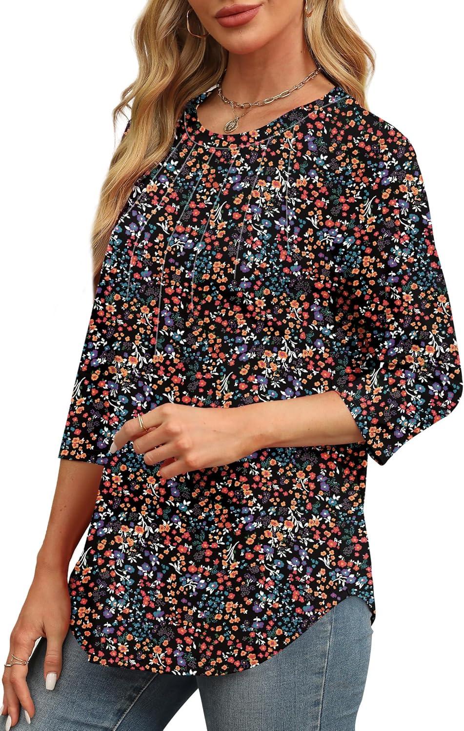 imageXIEERDUO 34 Length Sleeve Womens Tops Round Neck Casual Tunic Tops Basic Pleated Shirts Loose Fit 2025Patternedblack Floral