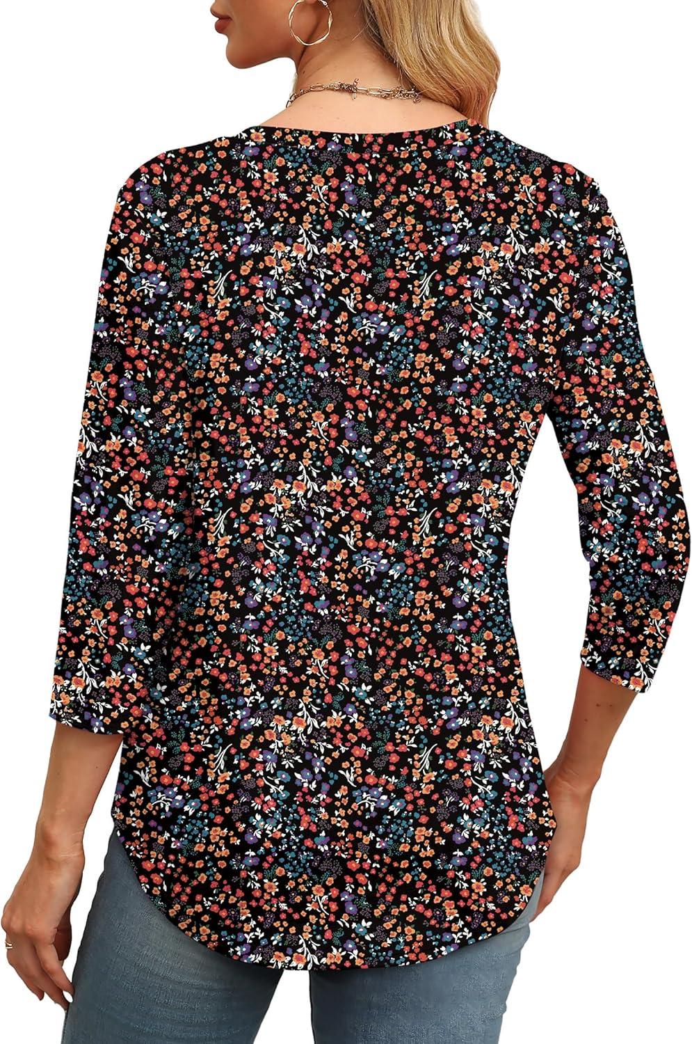 imageXIEERDUO 34 Length Sleeve Womens Tops Round Neck Casual Tunic Tops Basic Pleated Shirts Loose Fit 2025Patternedblack Floral