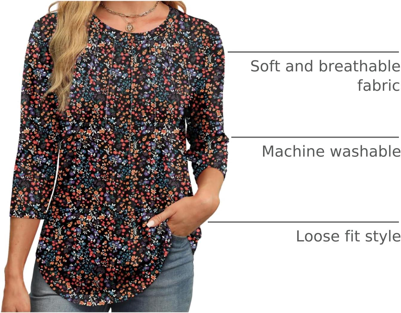 imageXIEERDUO 34 Length Sleeve Womens Tops Round Neck Casual Tunic Tops Basic Pleated Shirts Loose Fit 2025Patternedblack Floral