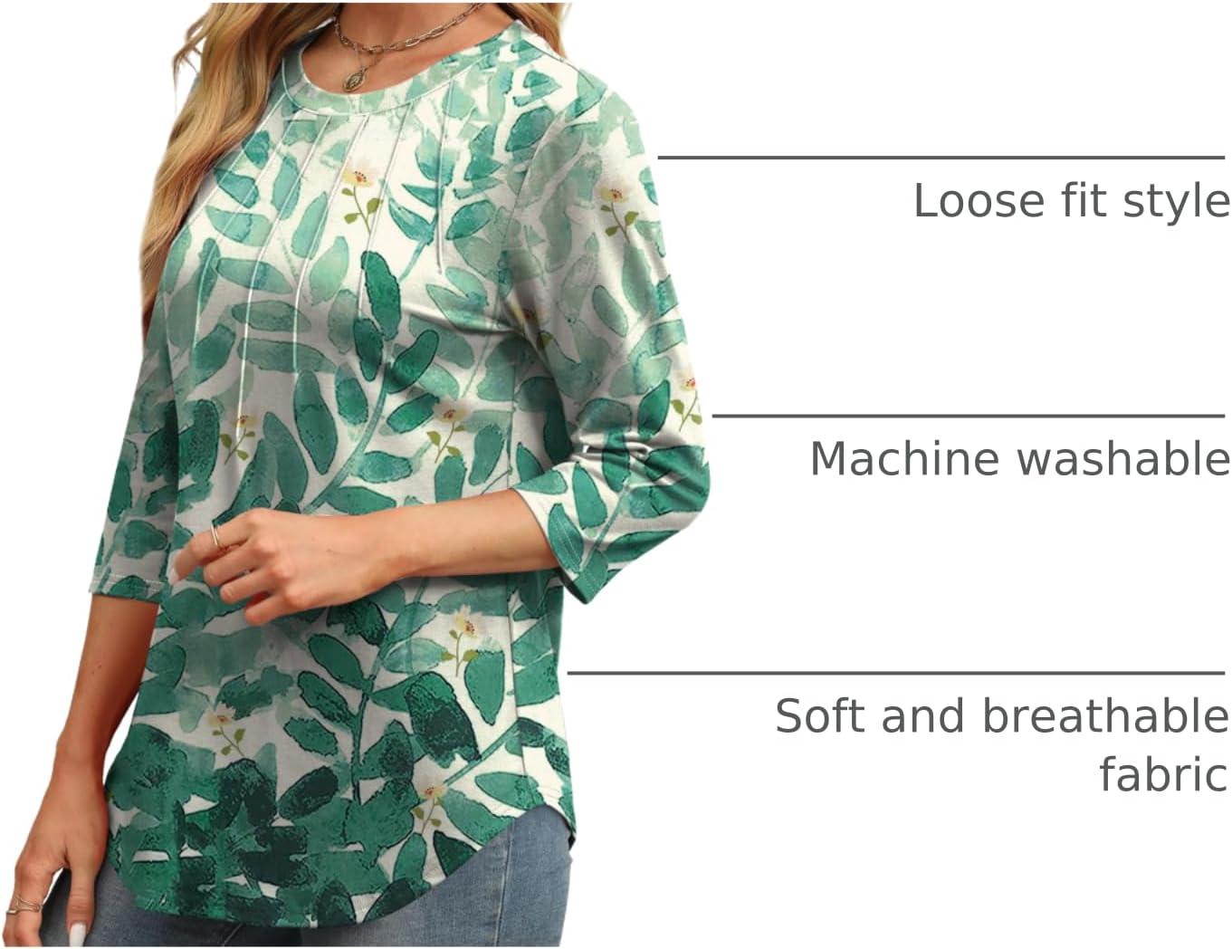 imageXIEERDUO 34 Length Sleeve Womens Tops Round Neck Casual Tunic Tops Basic Pleated Shirts Loose Fit 2025Patternedblue Leaf