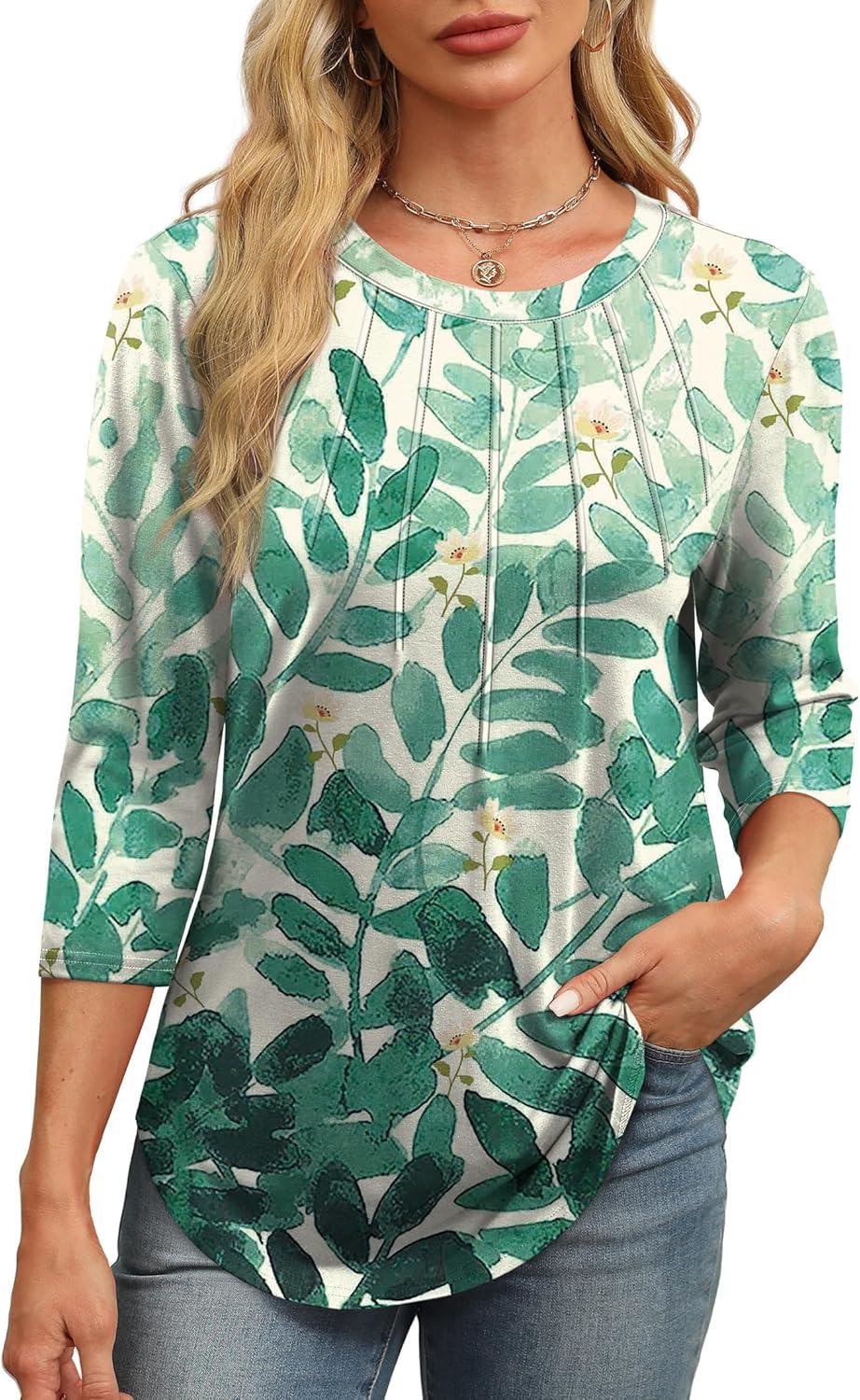 imageXIEERDUO 34 Length Sleeve Womens Tops Round Neck Casual Tunic Tops Basic Pleated Shirts Loose Fit 2025Patternedblue Leaf