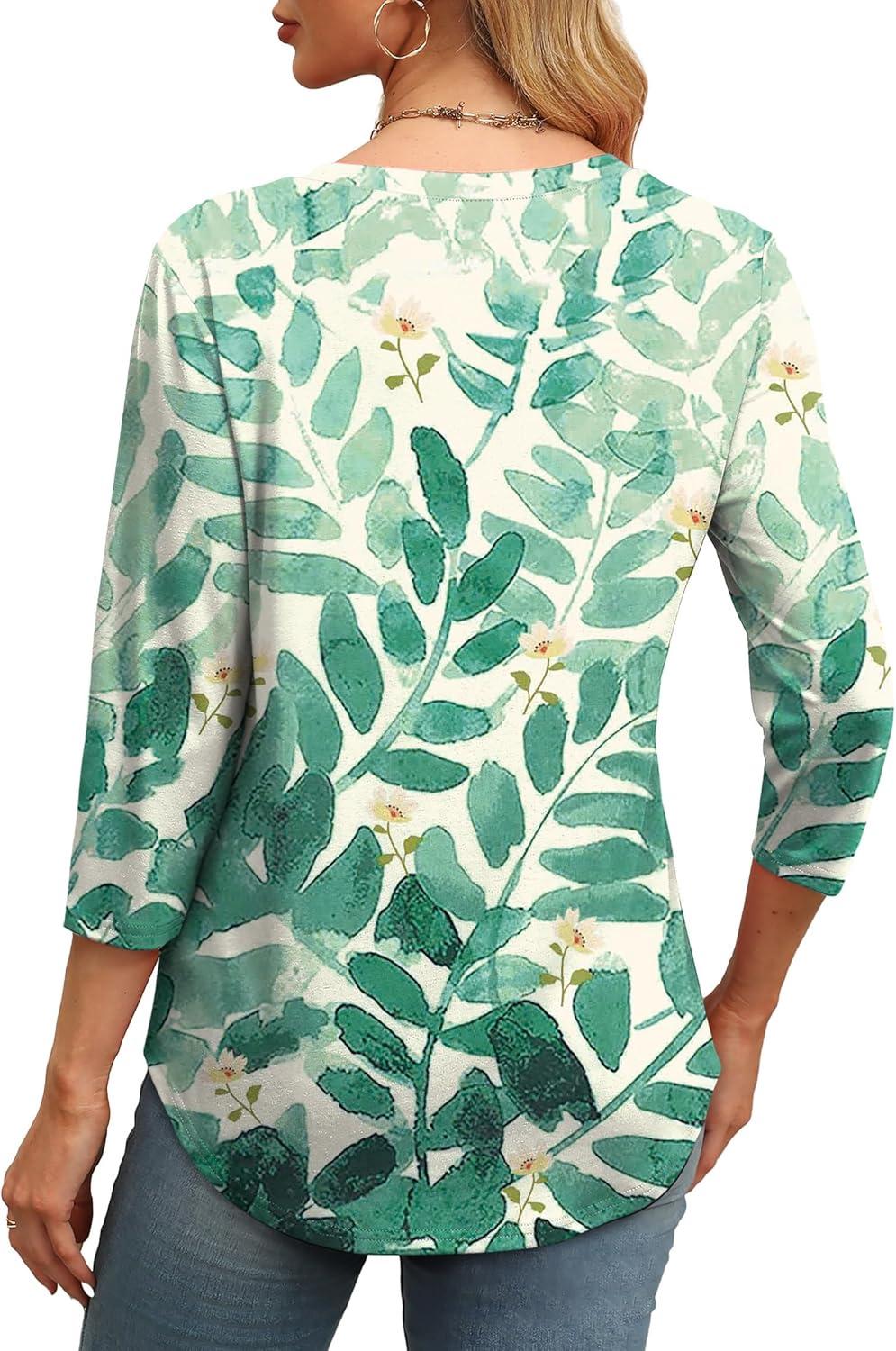 imageXIEERDUO 34 Length Sleeve Womens Tops Round Neck Casual Tunic Tops Basic Pleated Shirts Loose Fit 2025Patternedblue Leaf