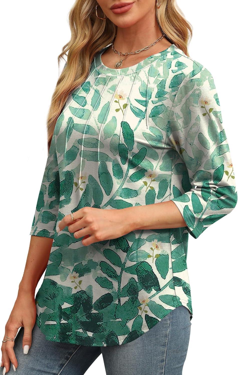 imageXIEERDUO 34 Length Sleeve Womens Tops Round Neck Casual Tunic Tops Basic Pleated Shirts Loose Fit 2025Patternedblue Leaf