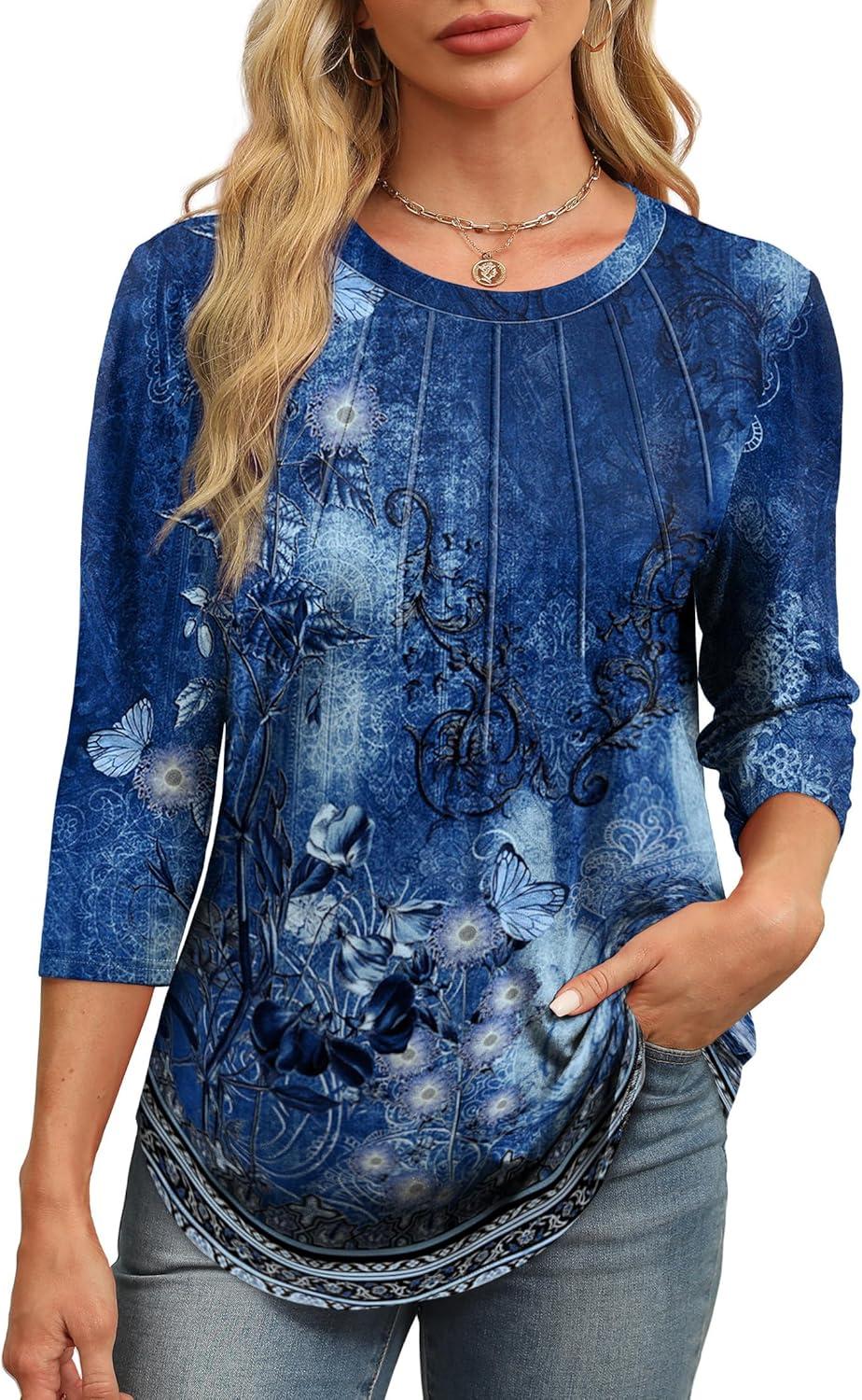 imageXIEERDUO 34 Length Sleeve Womens Tops Round Neck Casual Tunic Tops Basic Pleated Shirts Loose Fit 2025Patternedblue Printed