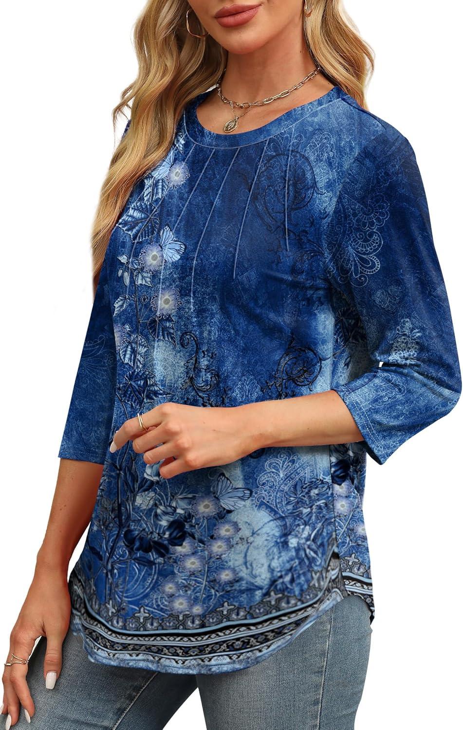 imageXIEERDUO 34 Length Sleeve Womens Tops Round Neck Casual Tunic Tops Basic Pleated Shirts Loose Fit 2025Patternedblue Printed