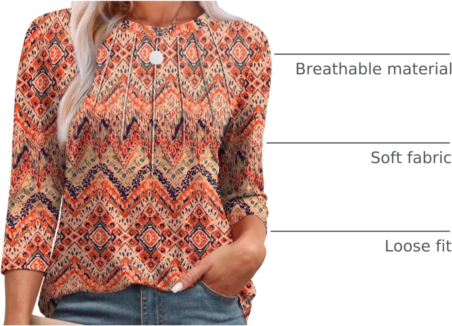 imageXIEERDUO 34 Length Sleeve Womens Tops Round Neck Casual Tunic Tops Basic Pleated Shirts Loose Fit 2025Patternedboho Floral