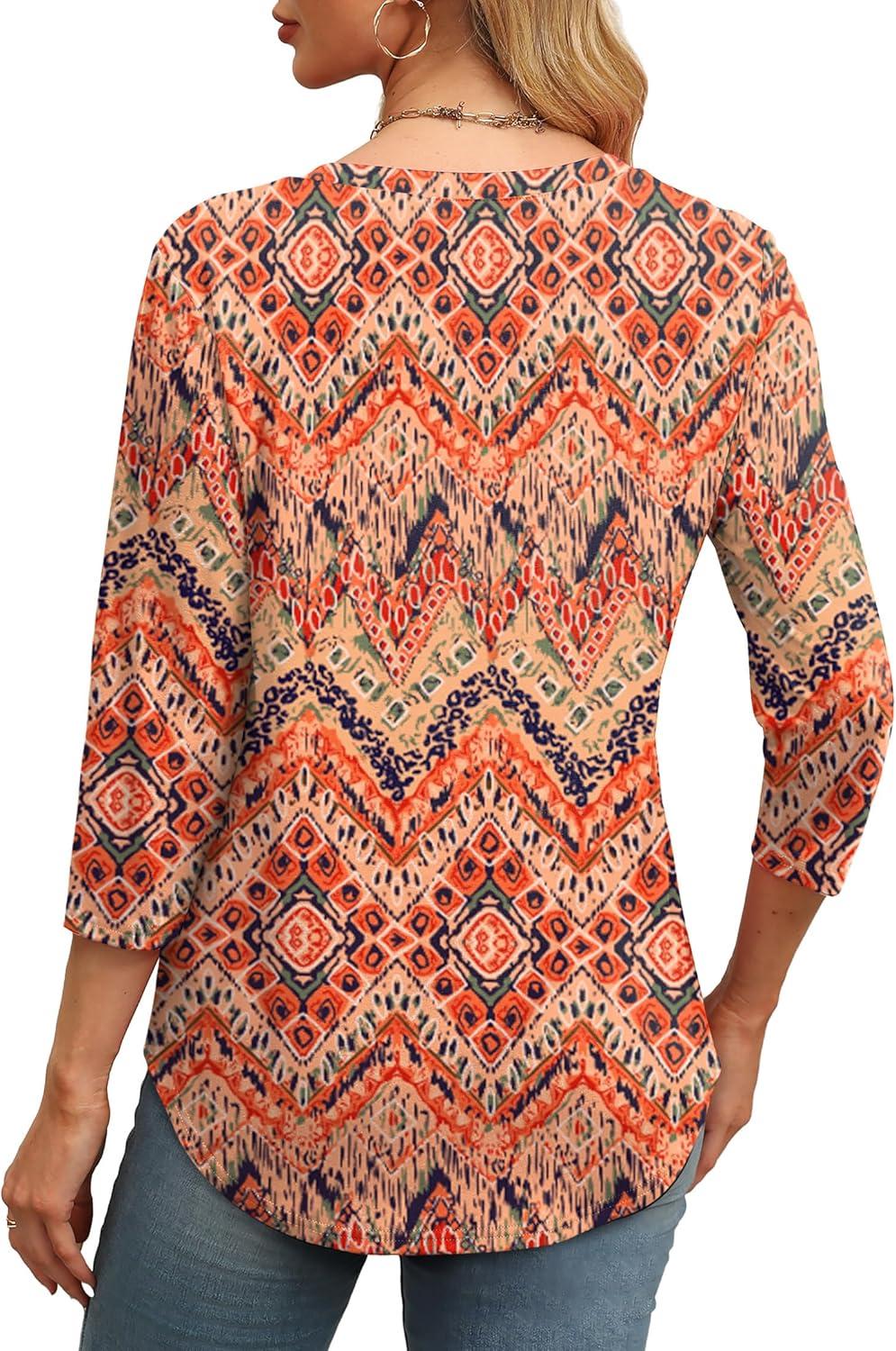 imageXIEERDUO 34 Length Sleeve Womens Tops Round Neck Casual Tunic Tops Basic Pleated Shirts Loose Fit 2025Patternedboho Floral