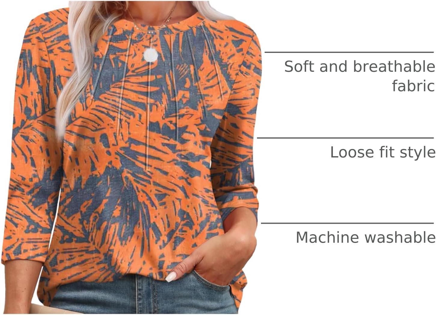 imageXIEERDUO 34 Length Sleeve Womens Tops Round Neck Casual Tunic Tops Basic Pleated Shirts Loose Fit 2025Patternedboho Printed