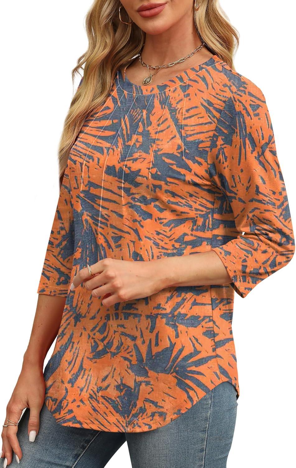 imageXIEERDUO 34 Length Sleeve Womens Tops Round Neck Casual Tunic Tops Basic Pleated Shirts Loose Fit 2025Patternedboho Printed