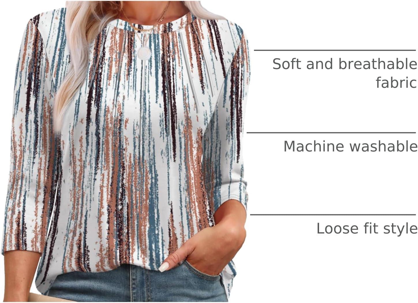 imageXIEERDUO 34 Length Sleeve Womens Tops Round Neck Casual Tunic Tops Basic Pleated Shirts Loose Fit 2025Patternedbrown Printed