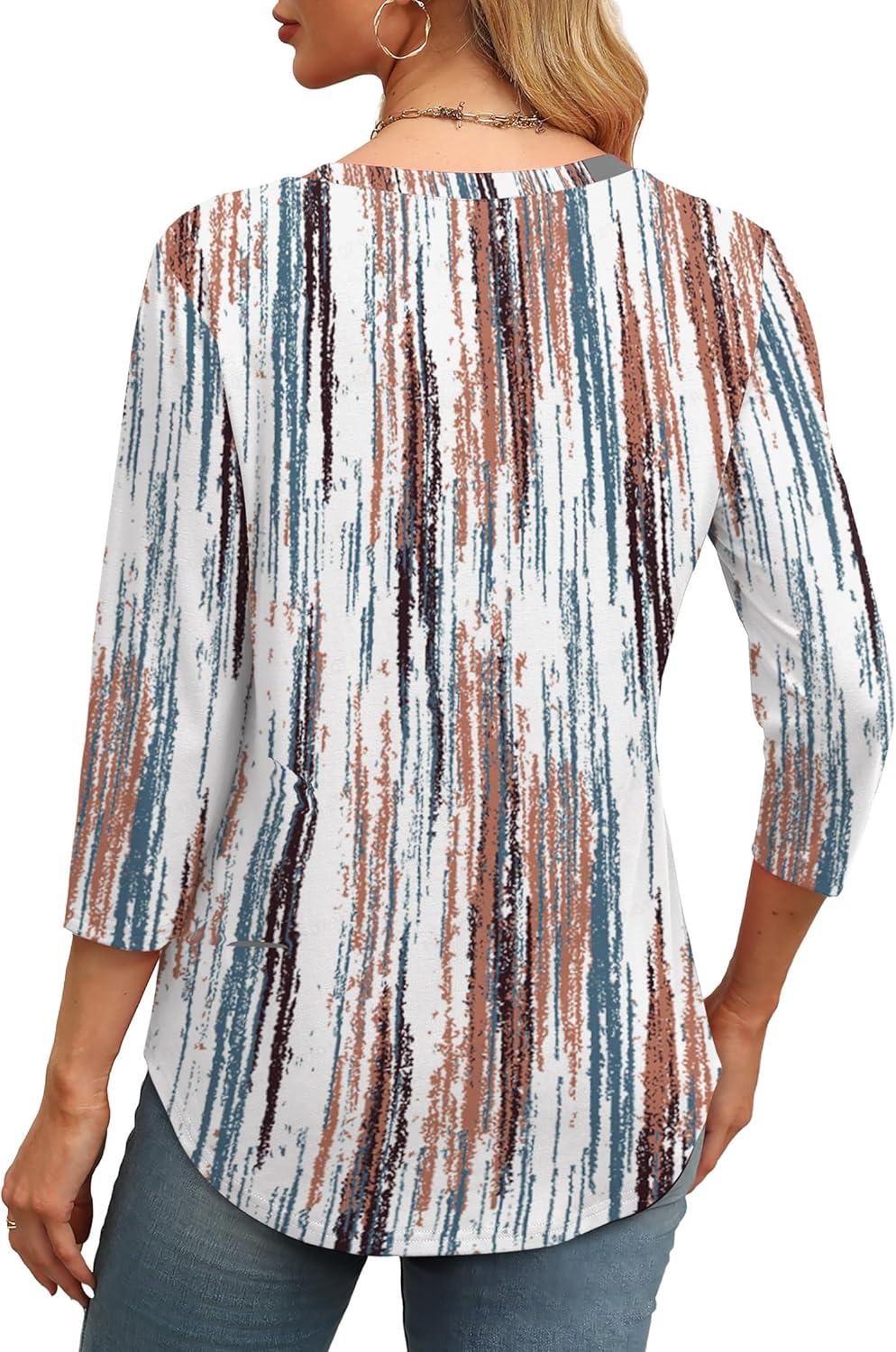 imageXIEERDUO 34 Length Sleeve Womens Tops Round Neck Casual Tunic Tops Basic Pleated Shirts Loose Fit 2025Patternedbrown Printed