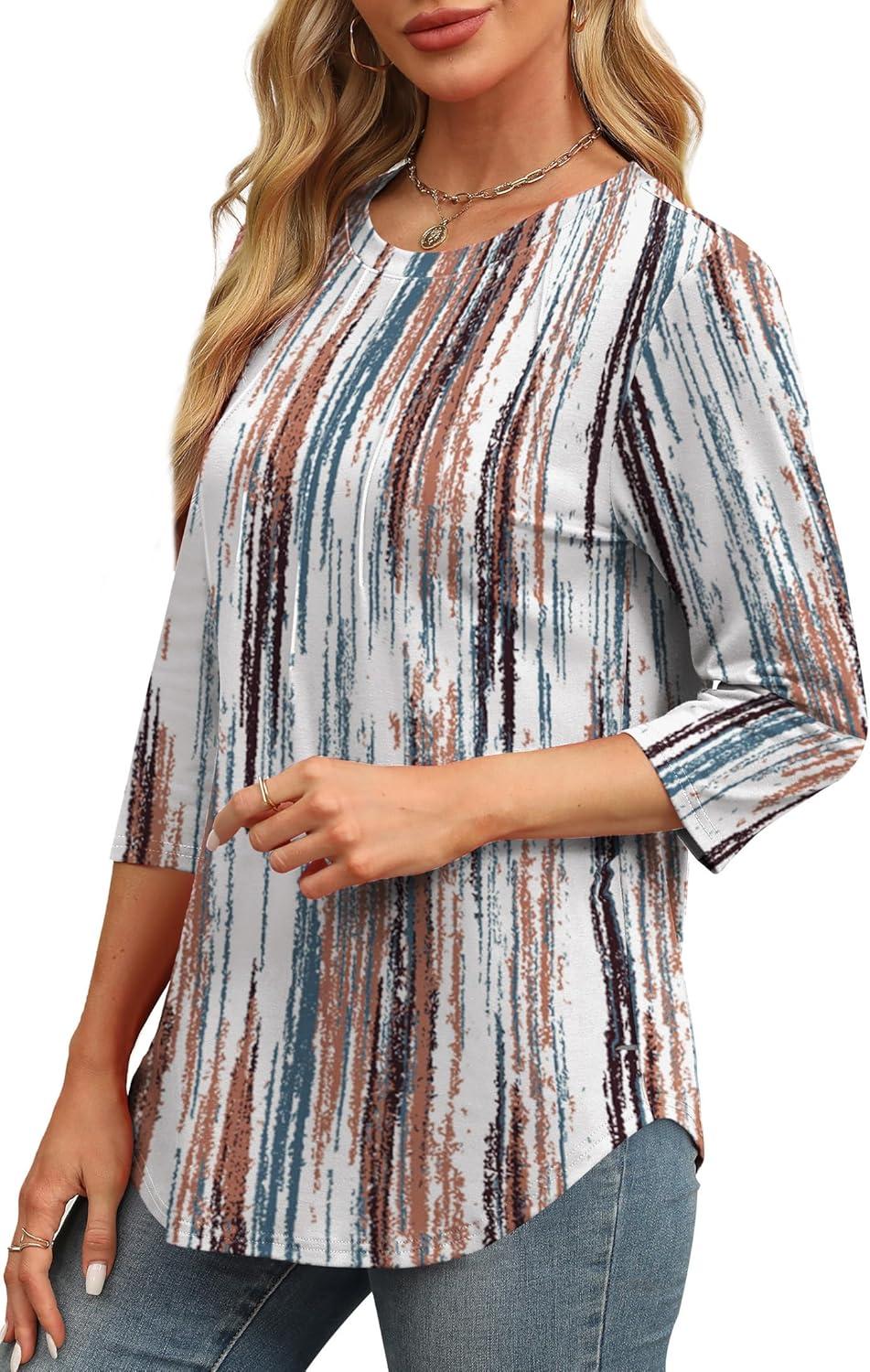 imageXIEERDUO 34 Length Sleeve Womens Tops Round Neck Casual Tunic Tops Basic Pleated Shirts Loose Fit 2025Patternedbrown Printed