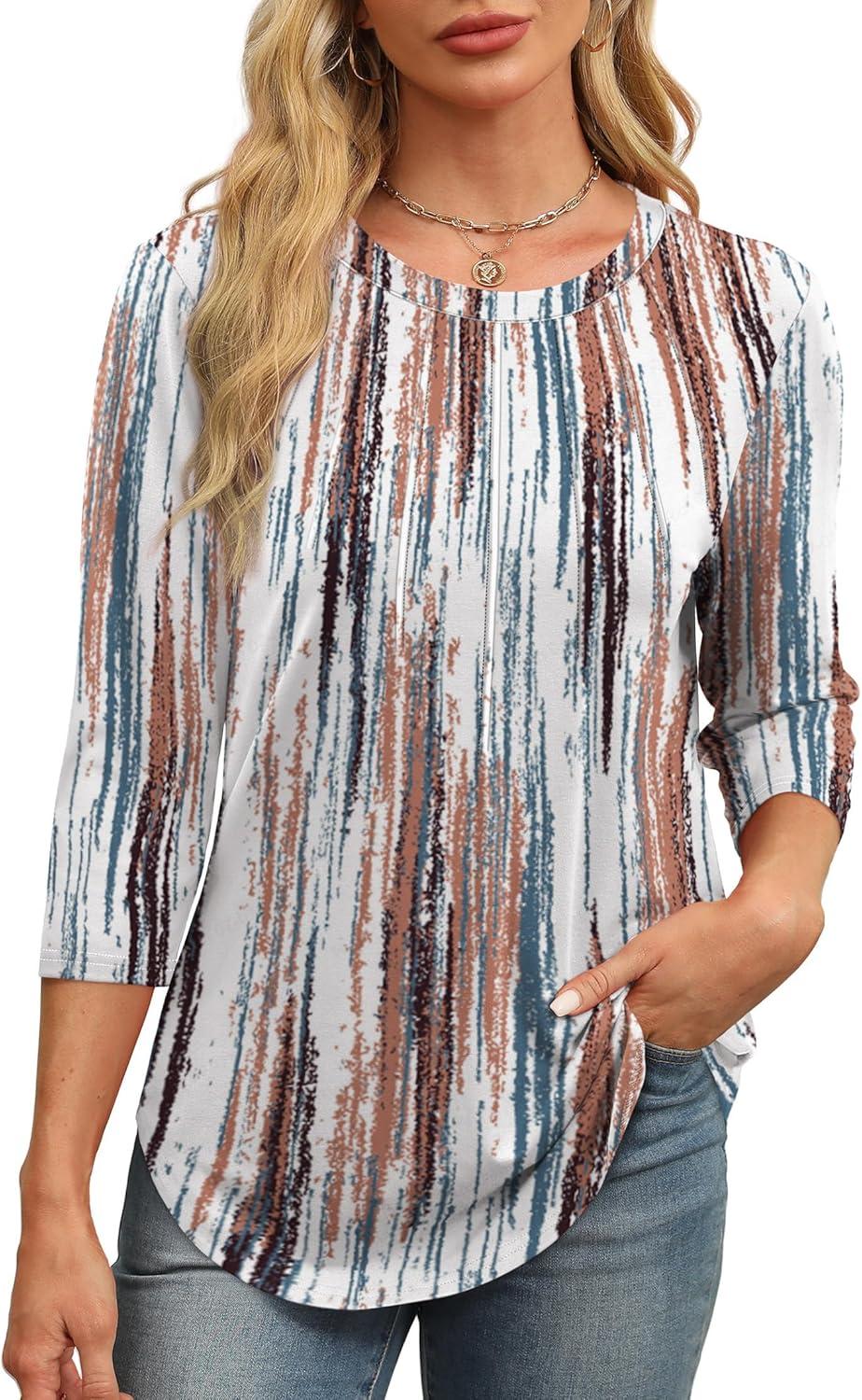 imageXIEERDUO 34 Length Sleeve Womens Tops Round Neck Casual Tunic Tops Basic Pleated Shirts Loose Fit 2025Patternedbrown Printed