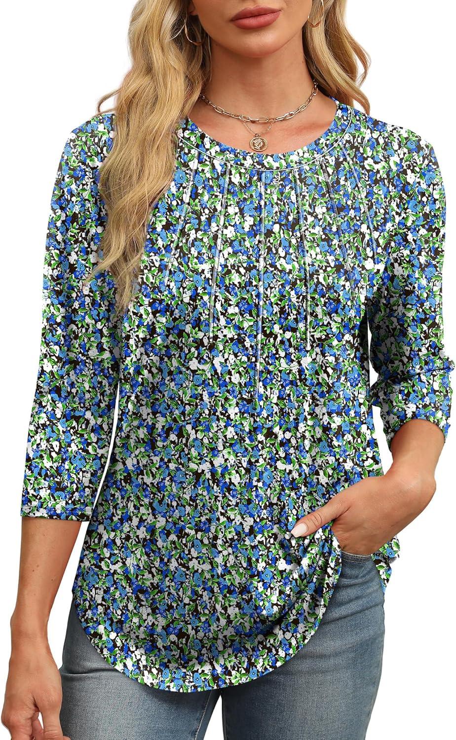 imageXIEERDUO 34 Length Sleeve Womens Tops Round Neck Casual Tunic Tops Basic Pleated Shirts Loose Fit 2025Patternedfloral Blue