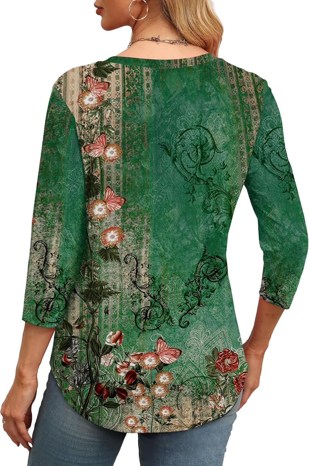 imageXIEERDUO 34 Length Sleeve Womens Tops Round Neck Casual Tunic Tops Basic Pleated Shirts Loose Fit 2025Patternedgreen Floral