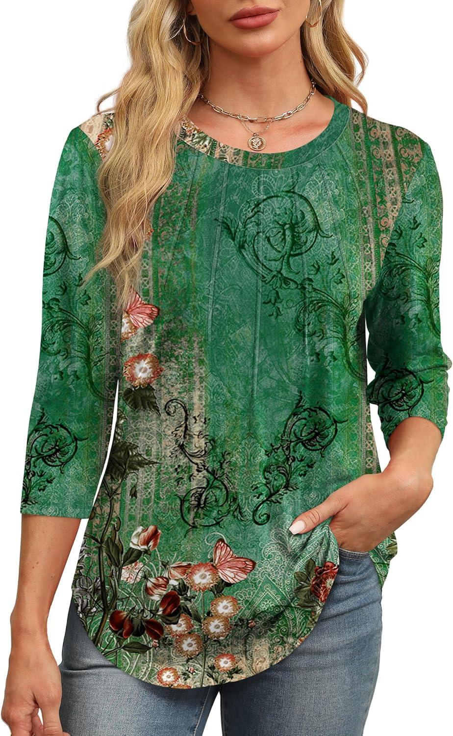 imageXIEERDUO 34 Length Sleeve Womens Tops Round Neck Casual Tunic Tops Basic Pleated Shirts Loose Fit 2025Patternedgreen Floral