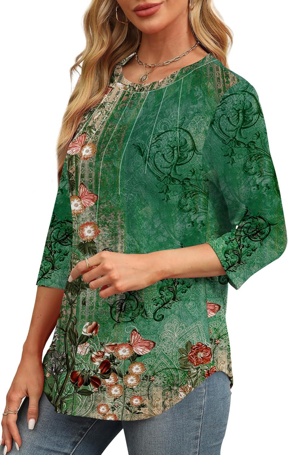 imageXIEERDUO 34 Length Sleeve Womens Tops Round Neck Casual Tunic Tops Basic Pleated Shirts Loose Fit 2025Patternedgreen Floral