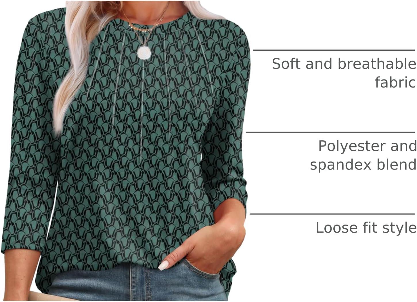 imageXIEERDUO 34 Length Sleeve Womens Tops Round Neck Casual Tunic Tops Basic Pleated Shirts Loose Fit 2025Patternedgreen Printed