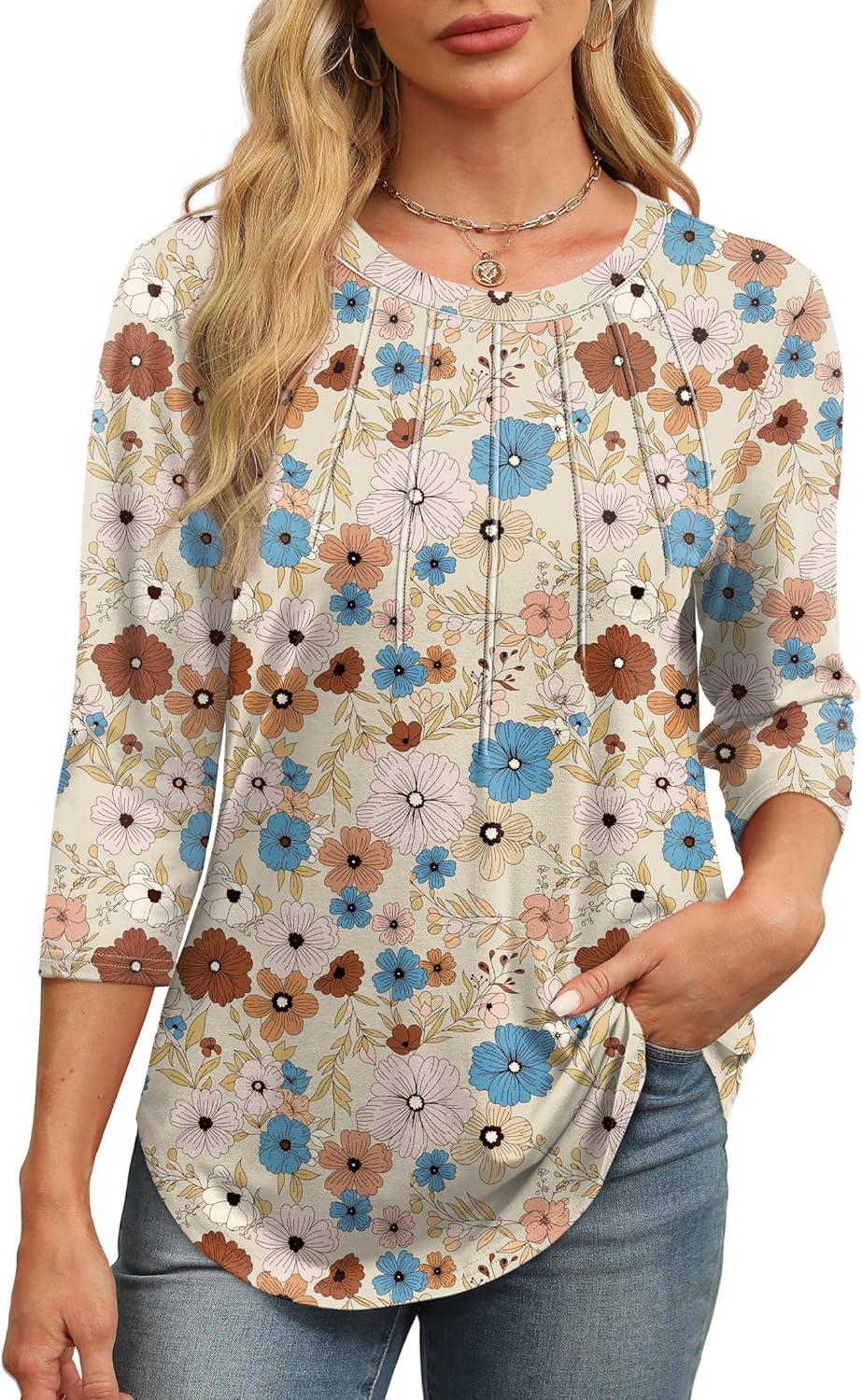 imageXIEERDUO 34 Length Sleeve Womens Tops Round Neck Casual Tunic Tops Basic Pleated Shirts Loose Fit 2025Patternedkhaki Flowers