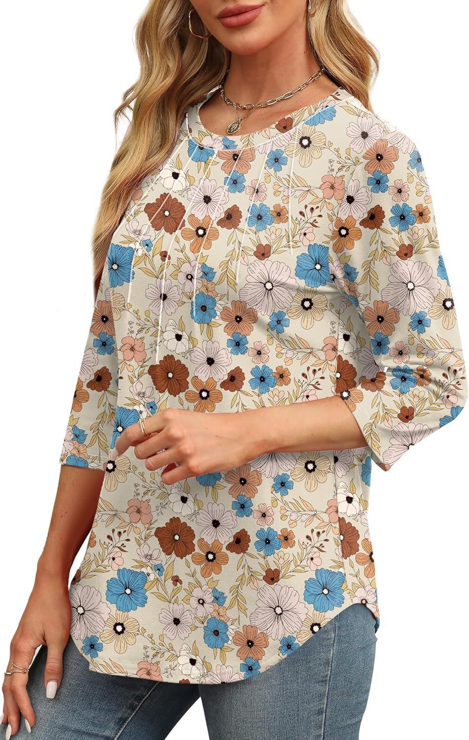imageXIEERDUO 34 Length Sleeve Womens Tops Round Neck Casual Tunic Tops Basic Pleated Shirts Loose Fit 2025Patternedkhaki Flowers
