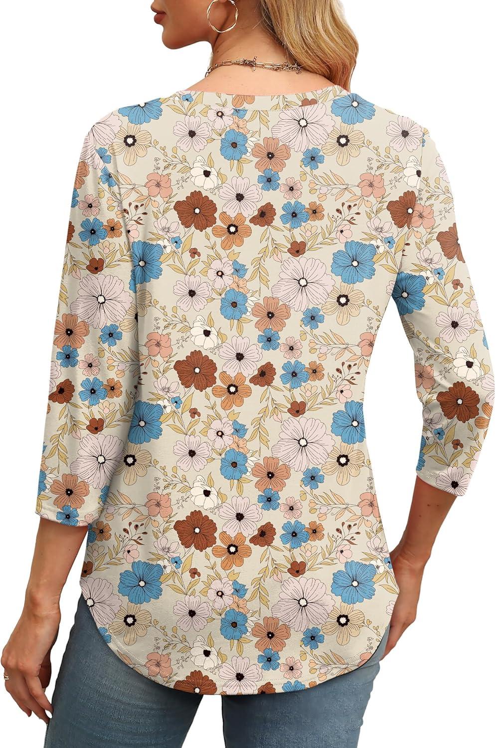 imageXIEERDUO 34 Length Sleeve Womens Tops Round Neck Casual Tunic Tops Basic Pleated Shirts Loose Fit 2025Patternedkhaki Flowers