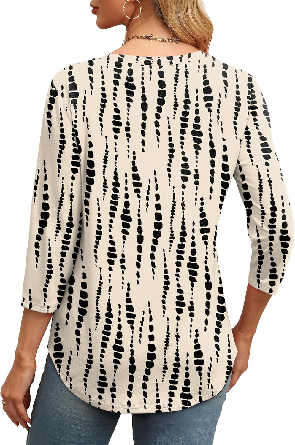 imageXIEERDUO 34 Length Sleeve Womens Tops Round Neck Casual Tunic Tops Basic Pleated Shirts Loose Fit 2025Patternedkhaki Printed